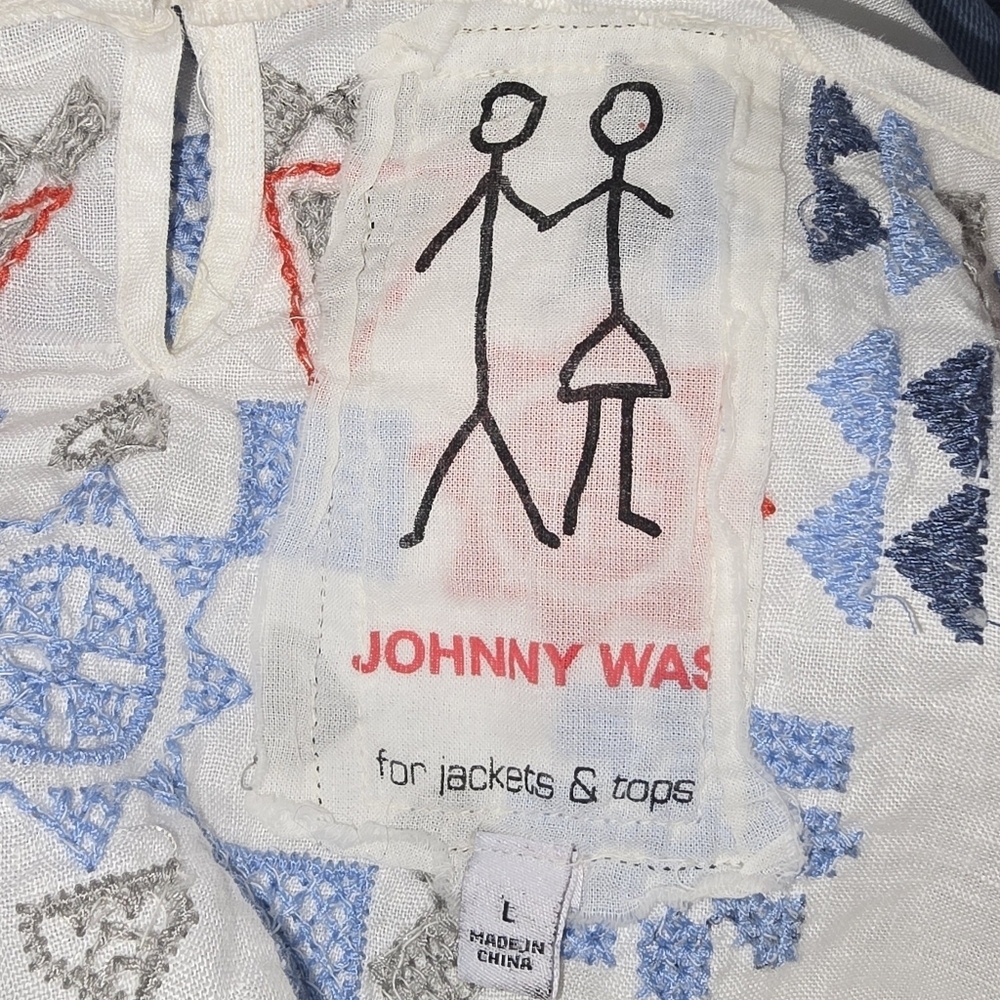 Johnny Was Mateo Linen White Blouse Top Blue & Coral Embroidery Size L - Picture 4 of 7